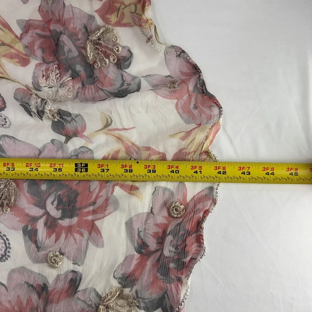 Floral Embroidered Silk Scarf Women OS Pink‎ Beaded Trim Cottagecore Fairy